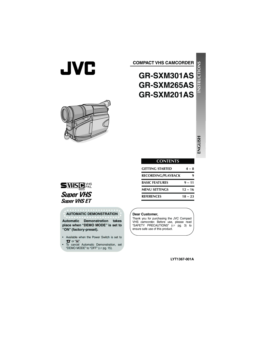 JVC GR-SXM265AS, GR-SXM301AS, GR-SXM201AS, LYT1367-001A, 1204YDR-NF-VM manual Contents, Instructions 