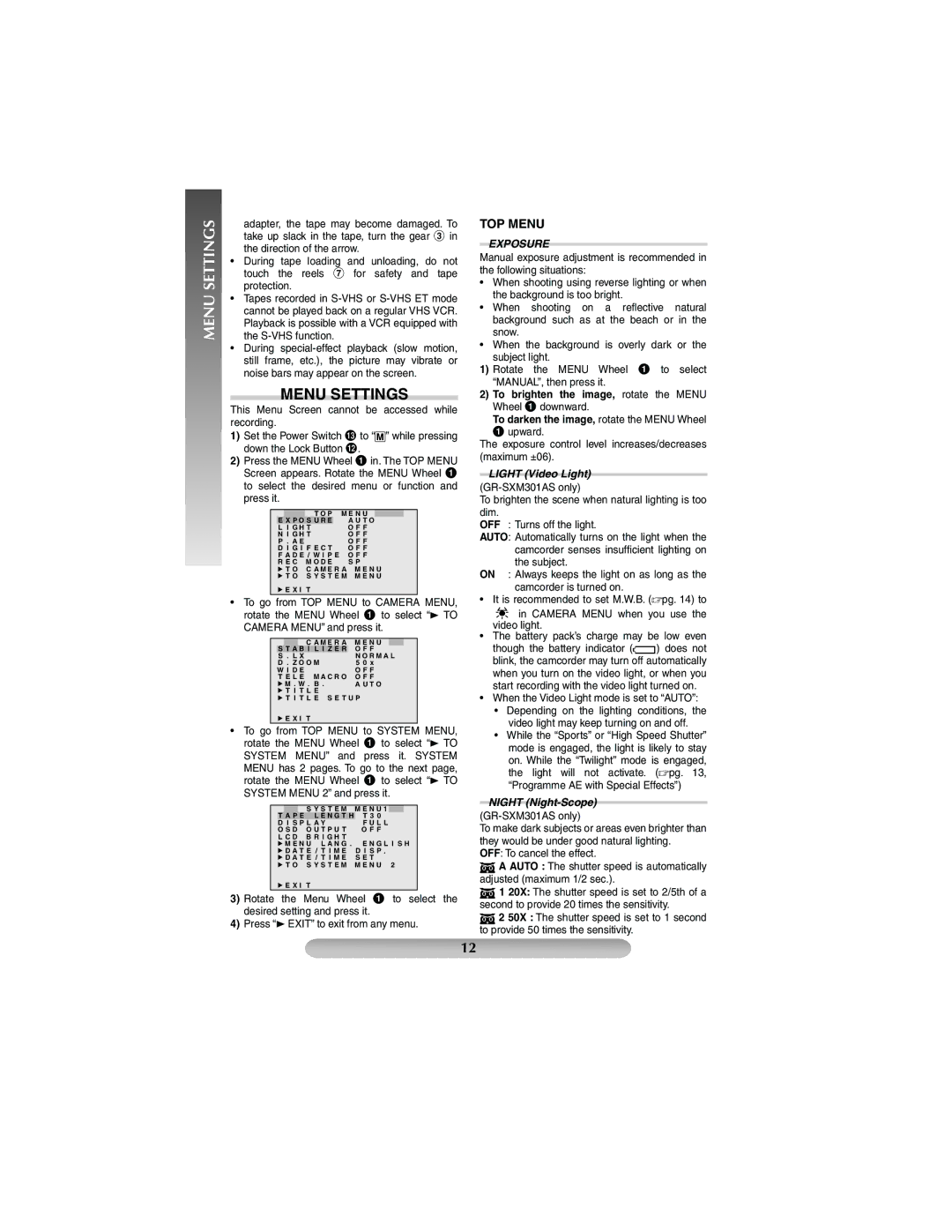 JVC GR-SXM201AS, GR-SXM301AS, GR-SXM265AS, LYT1367-001A, 1204YDR-NF-VM manual Menu Settings, TOP Menu, Exposure 