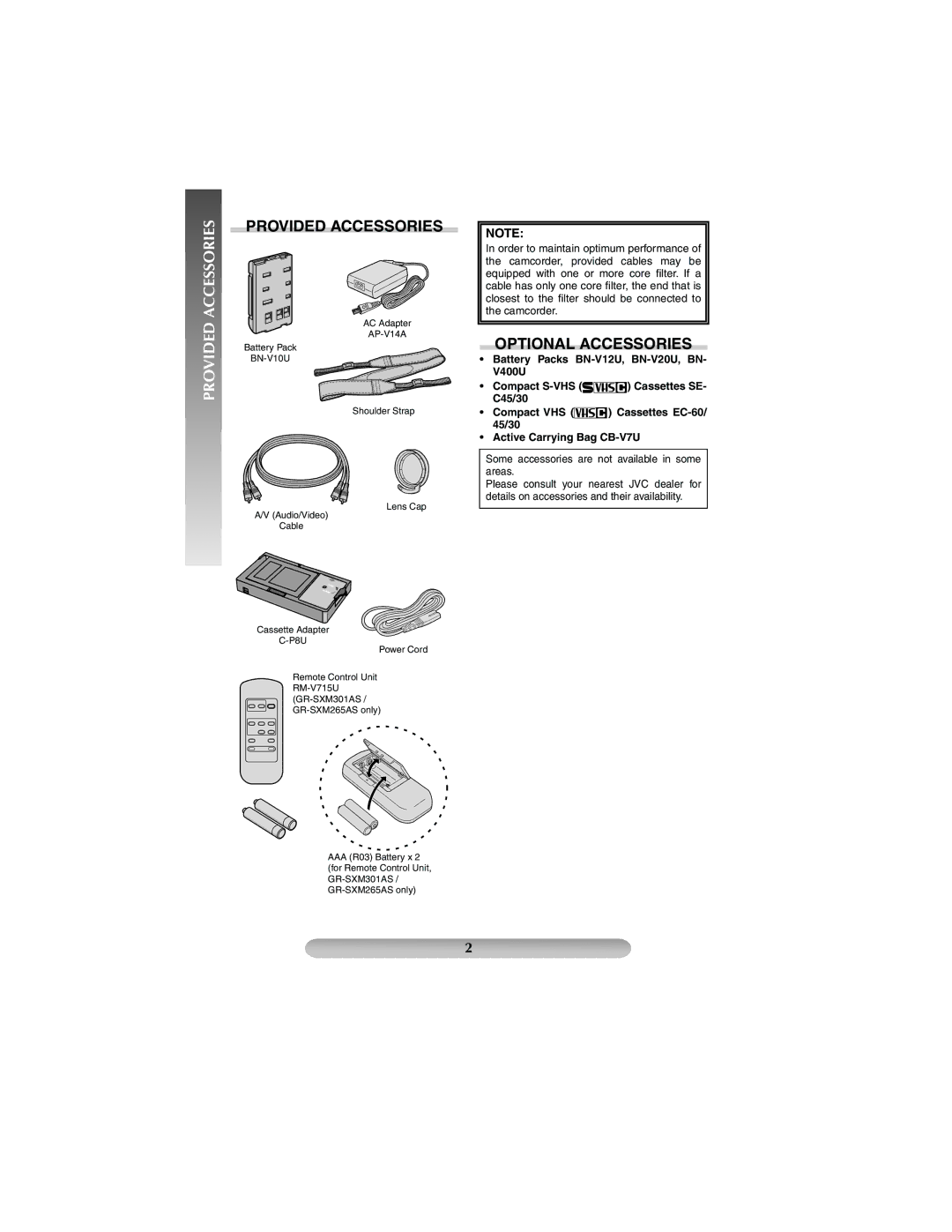 JVC GR-SXM201AS, GR-SXM301AS, GR-SXM265AS, LYT1367-001A, 1204YDR-NF-VM manual Provided Accessories, Optional Accessories 