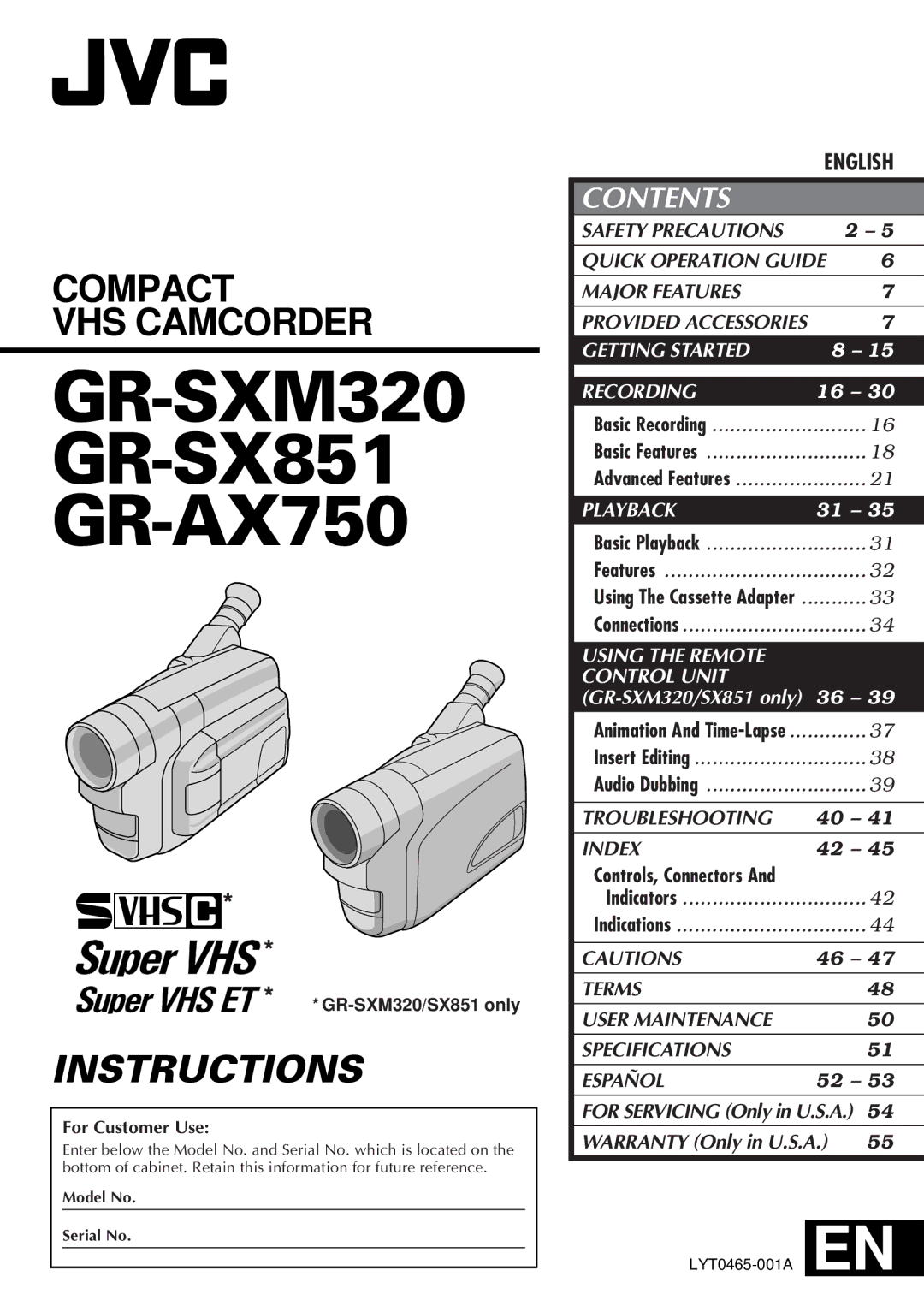 JVC specifications GR-SXM320 GR-SX851 GR-AX750 