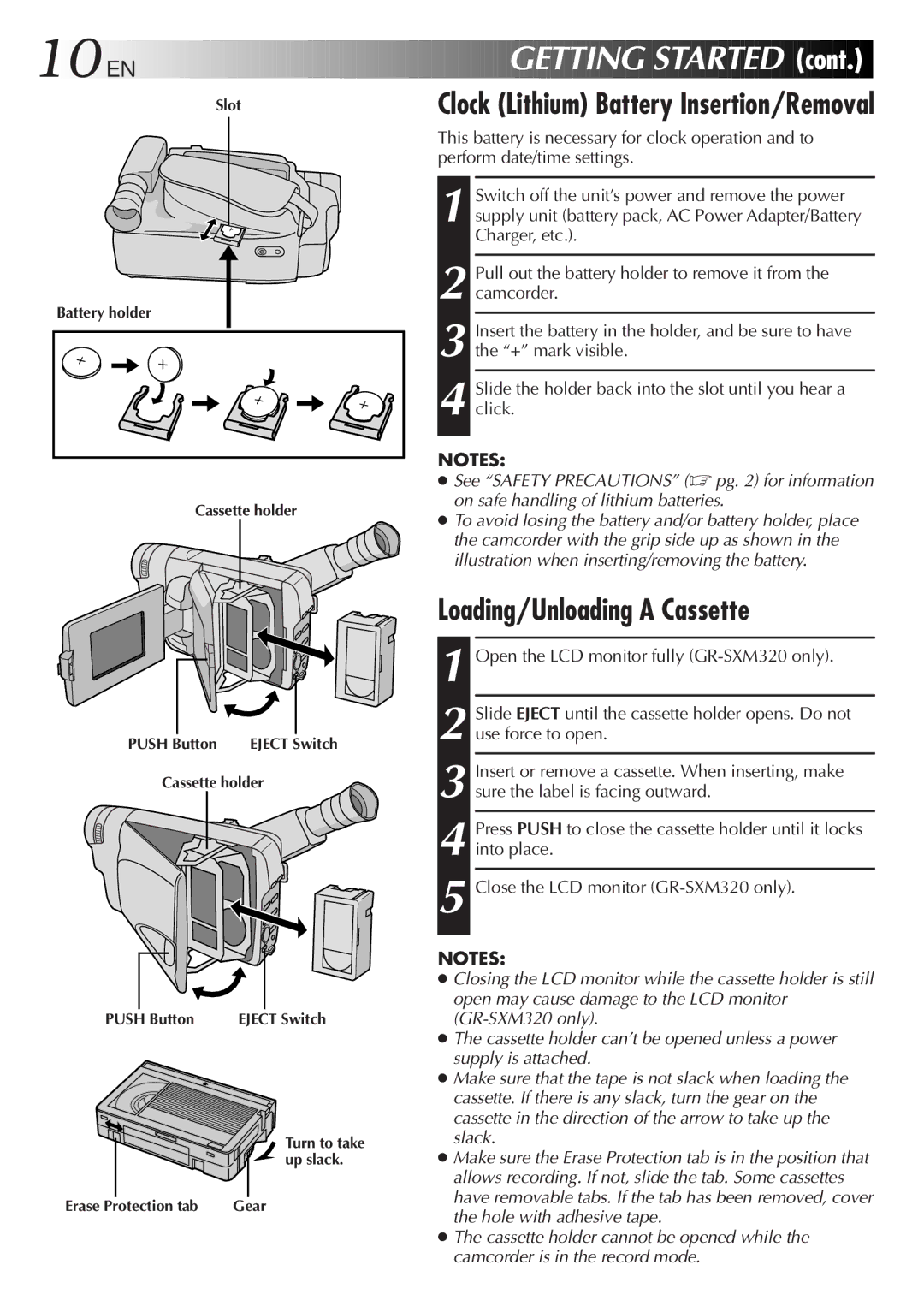 JVC GR-SX851, GR-SXM320, GR-AX750 specifications 10 EN, Clock Lithium Battery Insertion/Removal, Loading/Unloading a Cassette 