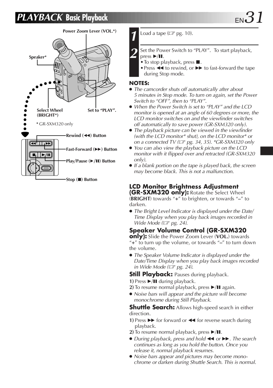 JVC GR-SX851, GR-SXM320, GR-AX750 Playback Basic Playback EN31, Playback picture can be viewed in the viewfinder 