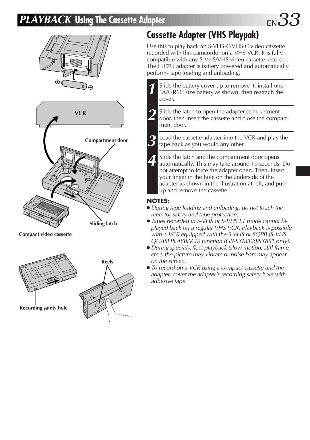 JVC GR-SXM320, GR-SX851, GR-AX750 specifications Using The Cassette Adapter EN33, Cassette Adapter VHS Playpak, Vcr 