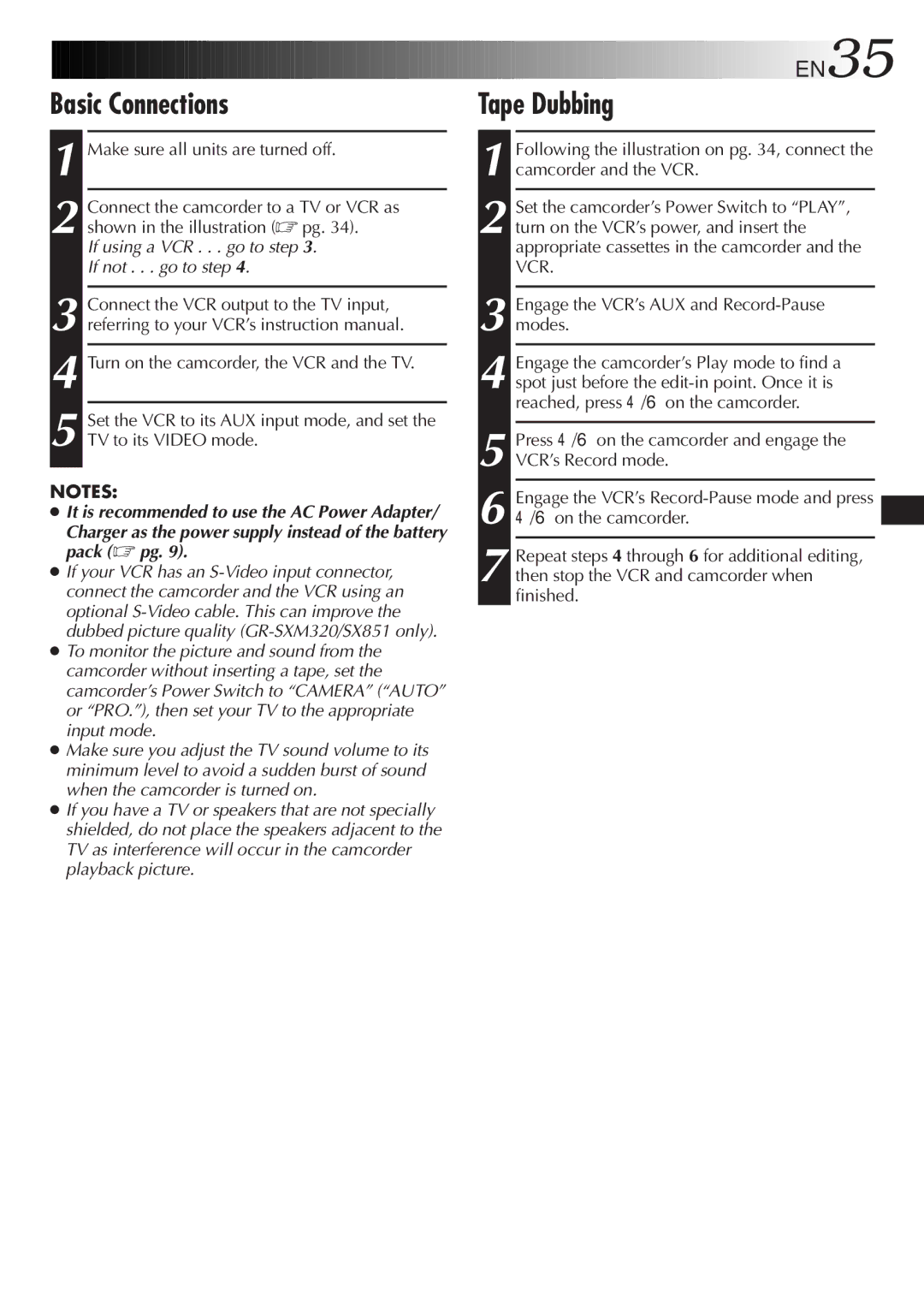 JVC GR-AX750, GR-SXM320 Basic Connections, Tape Dubbing, Charger as the power supply instead of the battery pack pg 