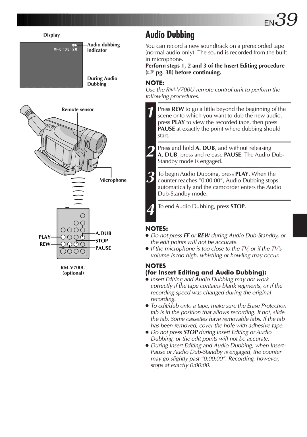 JVC GR-SXM320, GR-SX851, GR-AX750 specifications For Insert Editing and Audio Dubbing 