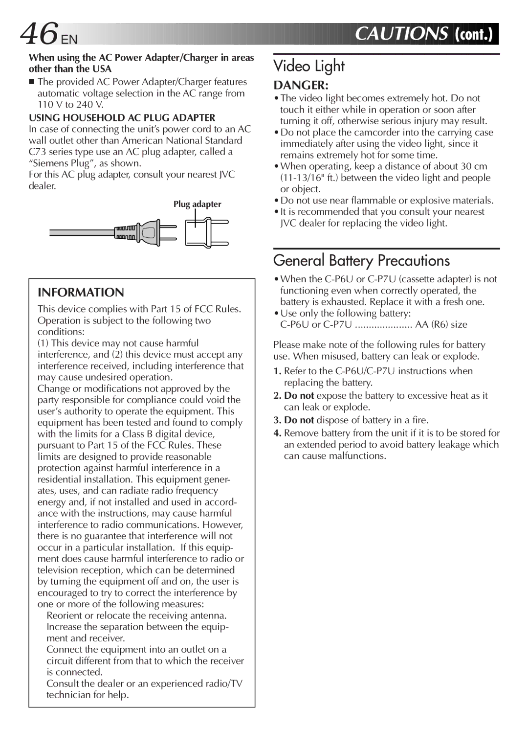 JVC GR-SX851, GR-AX750 EN Cautions, Information, Using Household AC Plug Adapter, JVC dealer for replacing the video light 