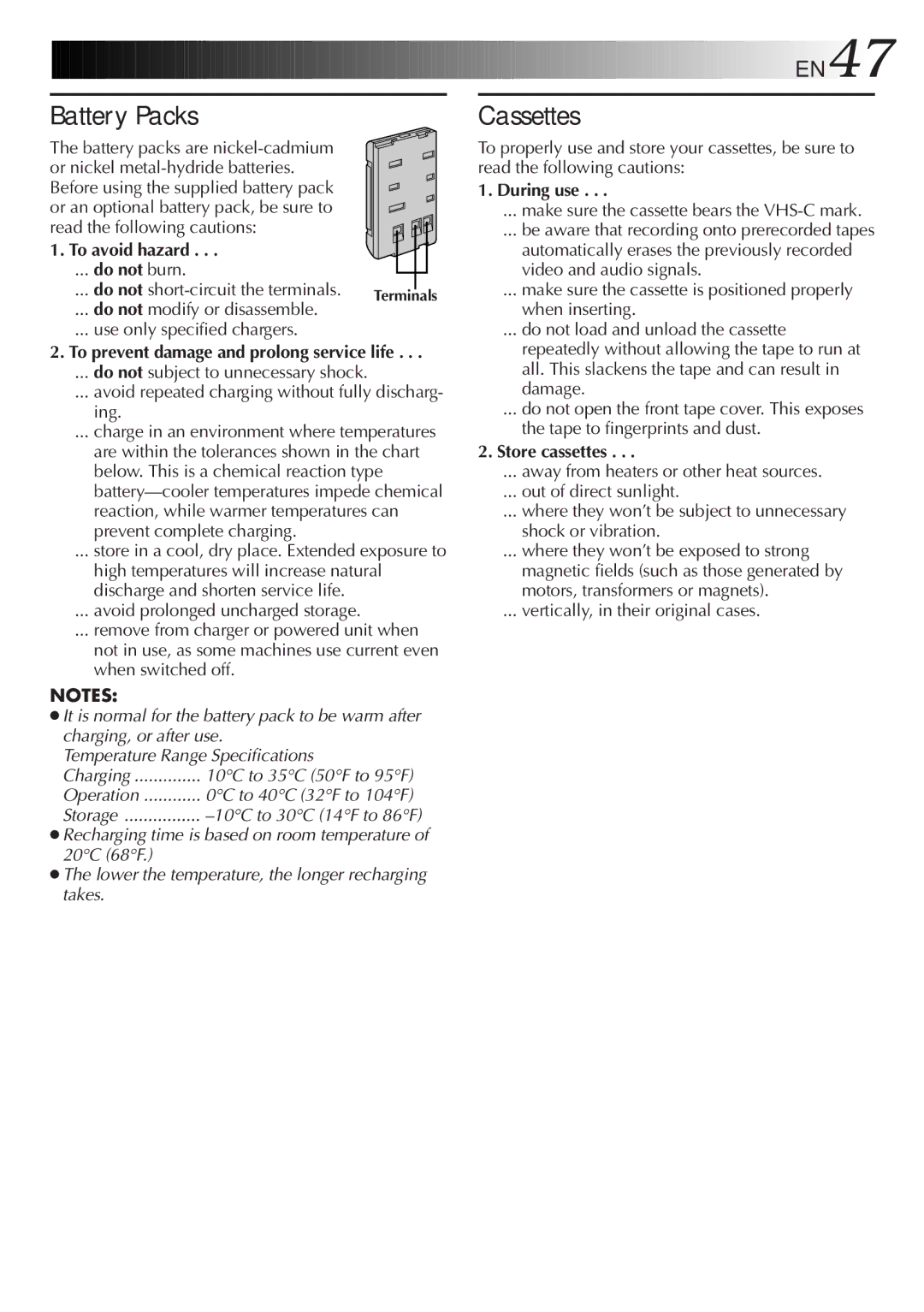 JVC GR-AX750, GR-SXM320, GR-SX851 specifications To avoid hazard, During use, Store cassettes 