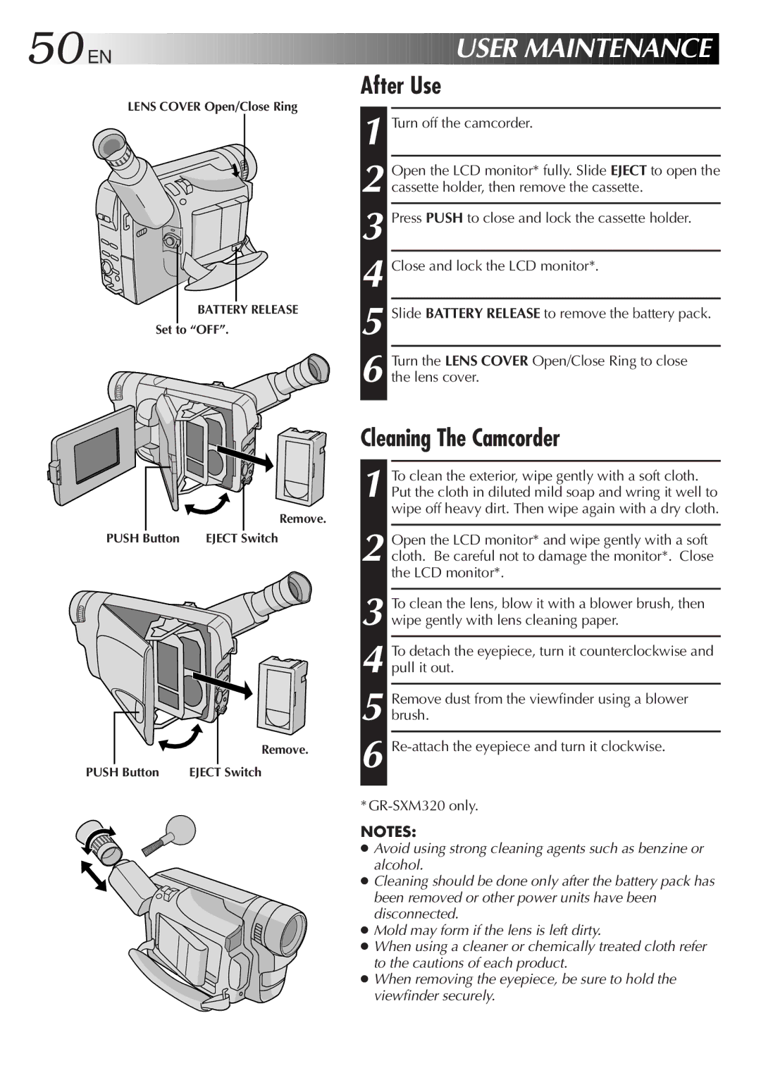 JVC GR-AX750, GR-SXM320, GR-SX851 specifications 50 EN, User Maintenance, After Use, Cleaning The Camcorder 