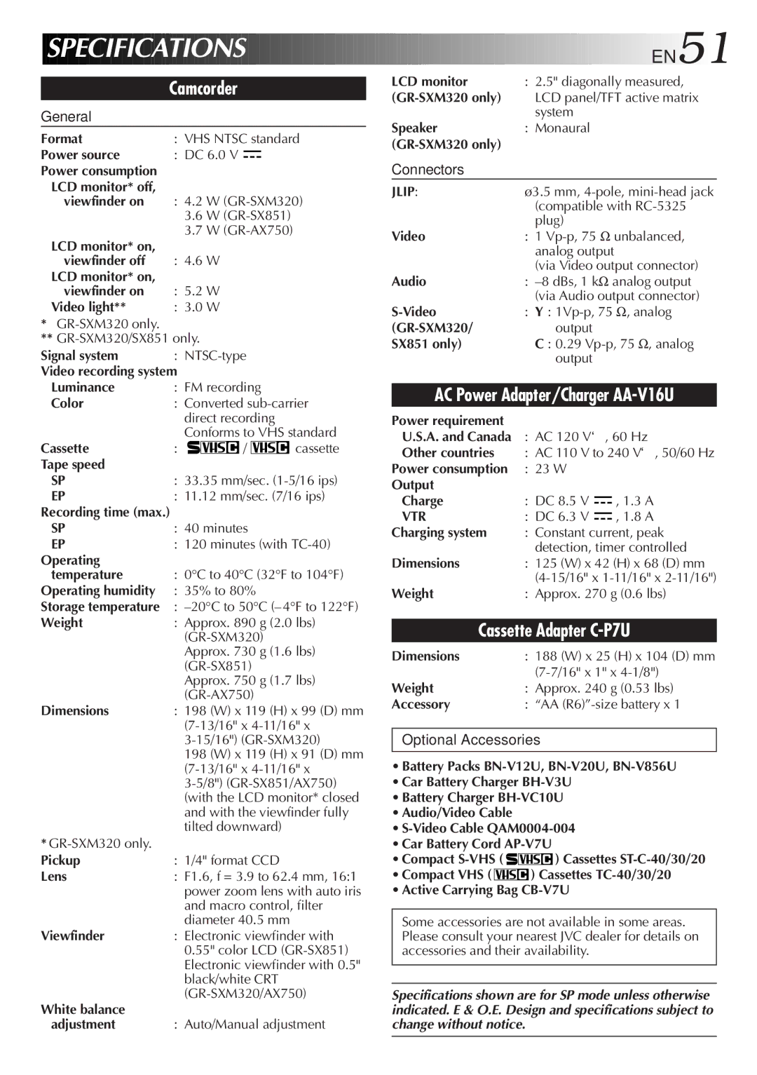 JVC GR-SXM320, GR-SX851, GR-AX750 specifications Specifications, General, Connectors, Optional Accessories 