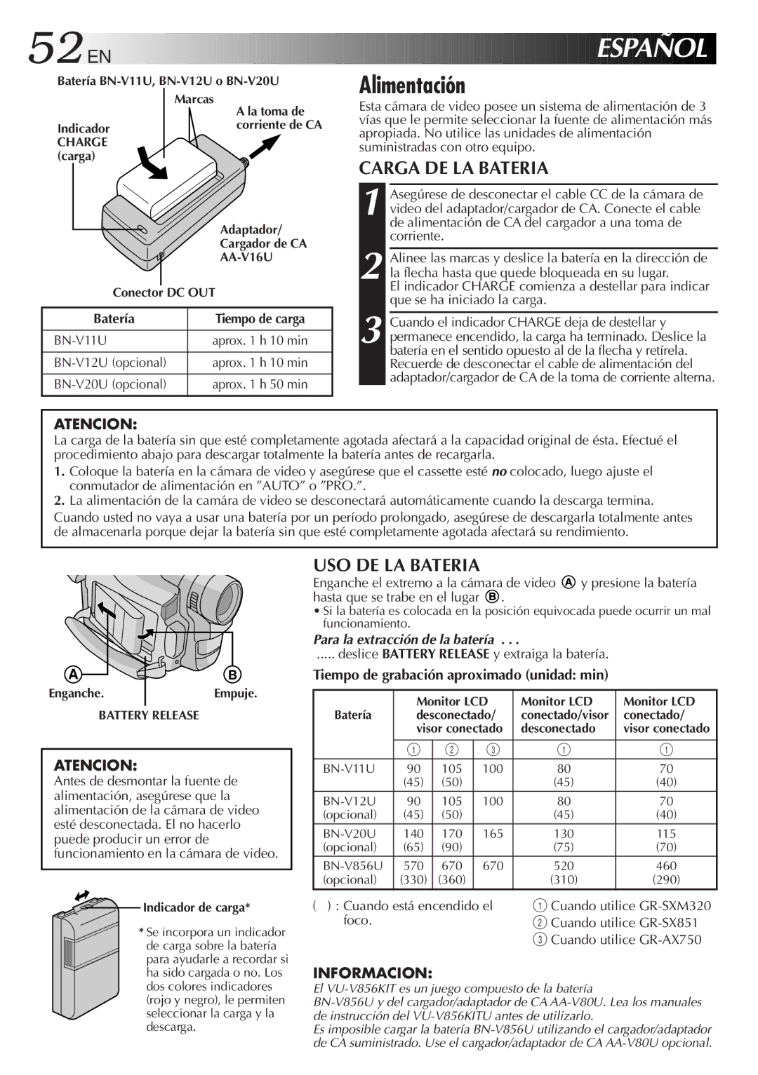 JVC GR-SX851, GR-SXM320, GR-AX750 specifications 52 EN, Español, Alimentación, Carga DE LA Bateria, USO DE LA Bateria 