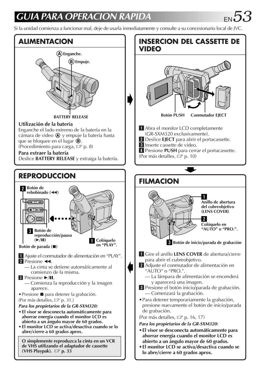 JVC GR-AX750, GR-SXM320, GR-SX851 Guia Para Operacion Rapida EN53, Utilización de la batería, Para extraer la batería 