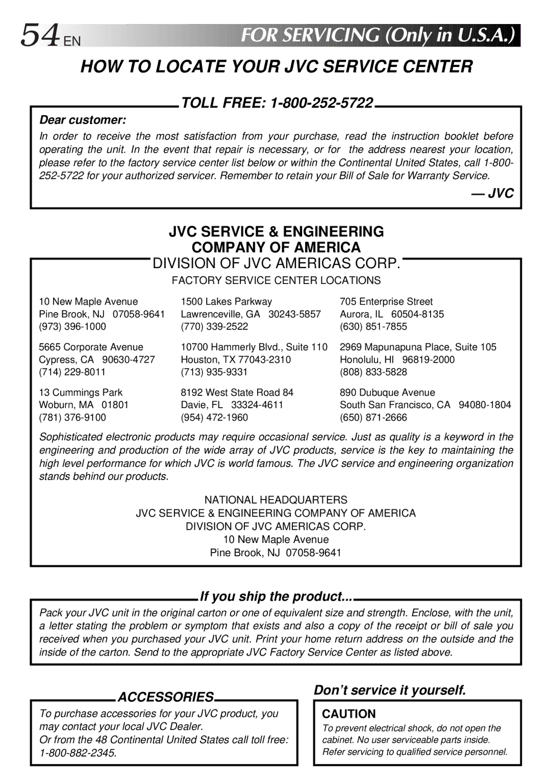 JVC GR-SXM320, GR-SX851, GR-AX750 specifications 54 EN, For Servicing Only in U.S.A, New Maple Avenue Pine Brook, NJ 