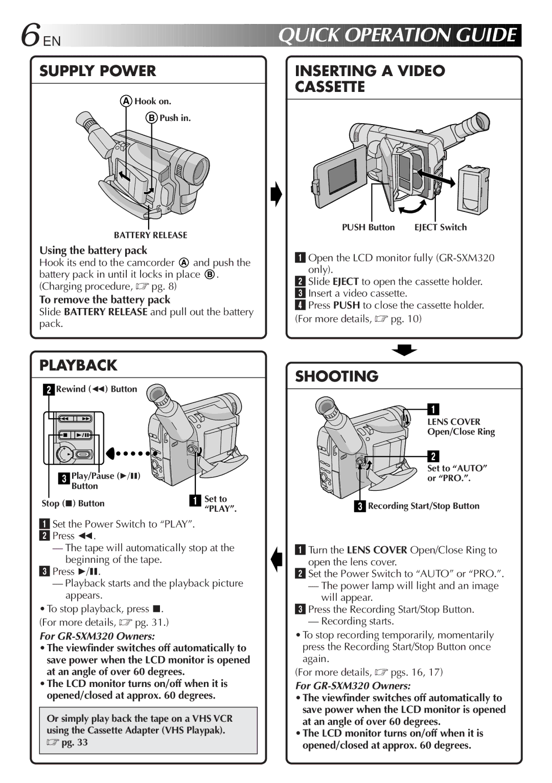 JVC GR-SX851, GR-AX750 Quick Operation Guide, Using the battery pack, To remove the battery pack, For GR-SXM320 Owners 