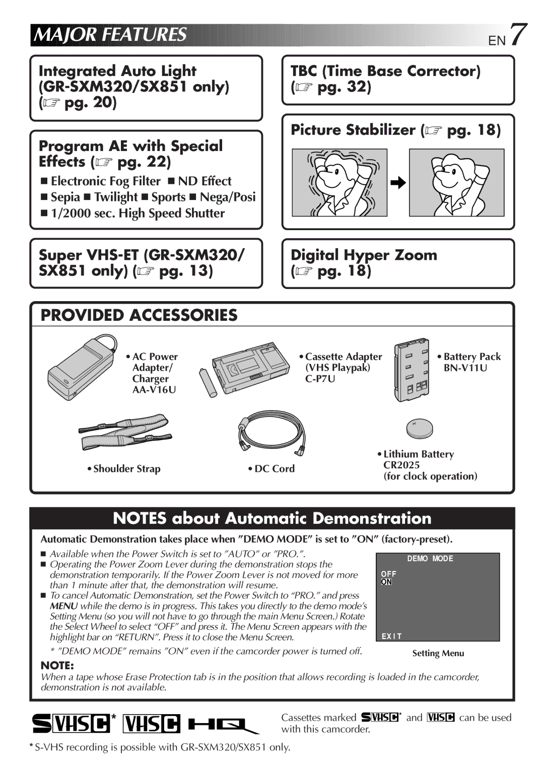 JVC GR-SX851, GR-SXM320, GR-AX750 specifications BN-V11U, P7U AA-V16U 