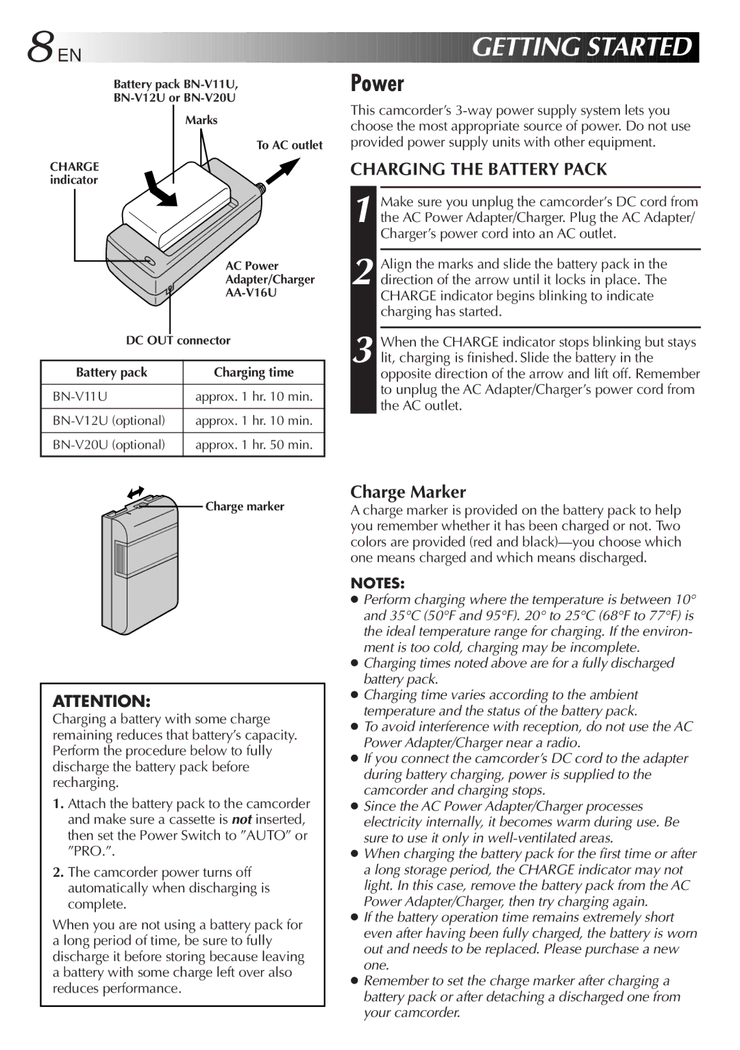 JVC GR-AX750, GR-SXM320, GR-SX851 specifications Getting Started, Power, Charging the Battery Pack, Charge Marker 