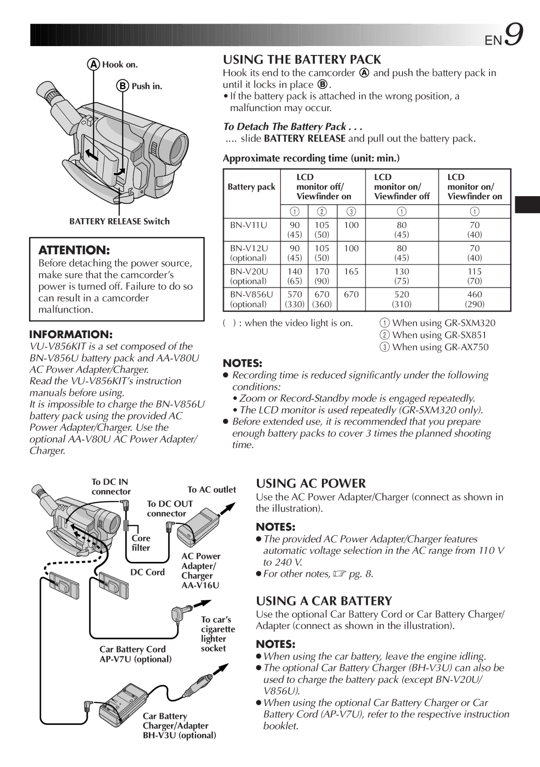 JVC GR-SXM320 Using the Battery Pack, Using AC Power, Using a CAR Battery, Information, To Detach The Battery Pack 