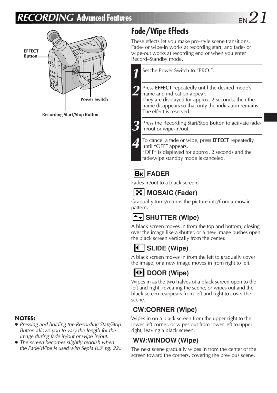 JVC GR-SXM321 specifications Recording Advanced Features EN21, Fade/Wipe Effects, Fades in/out to a black screen 