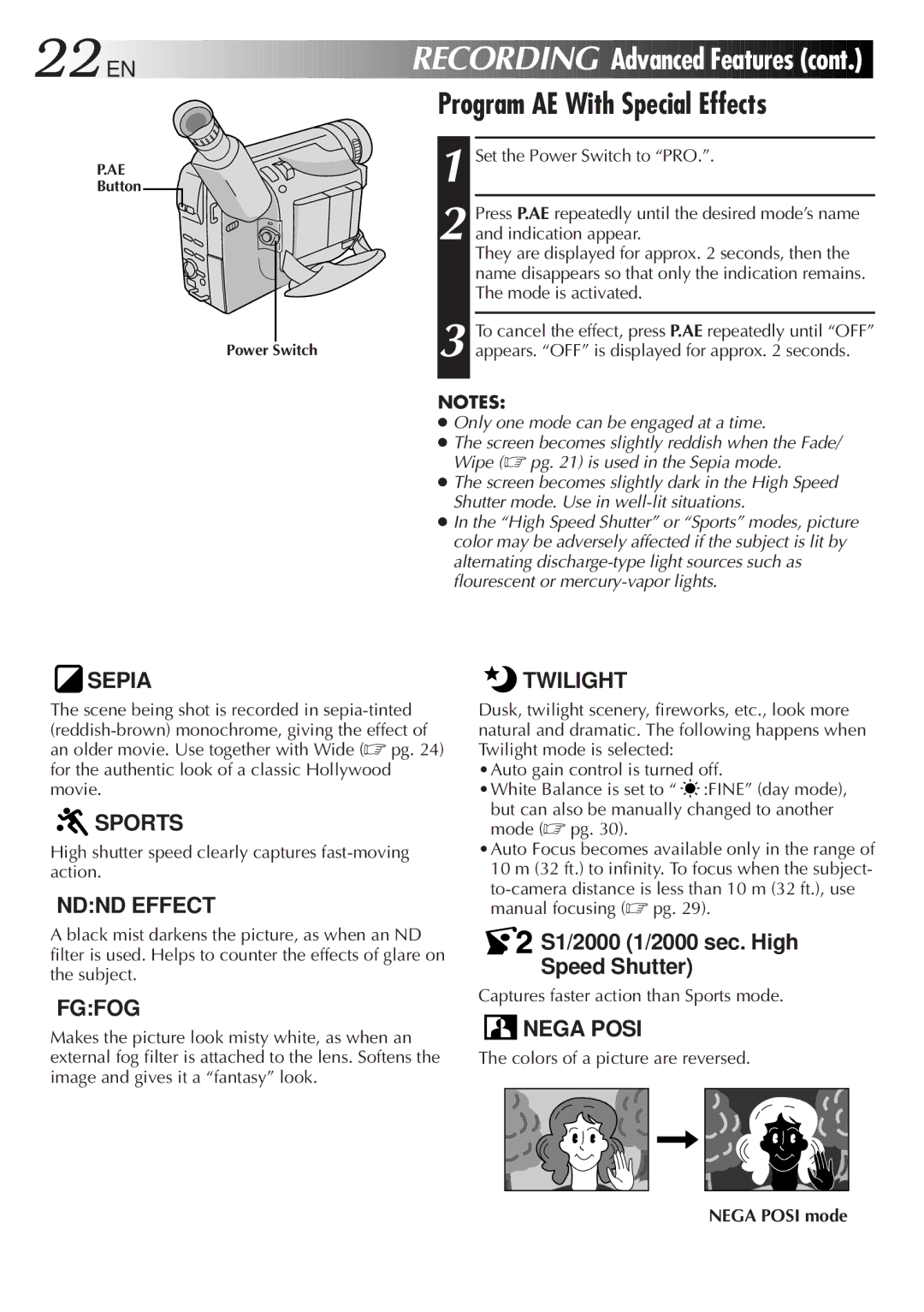 JVC GR-SXM321 specifications 22 EN, Recording Advanced Features, Program AE With Special Effects, Nega Posi mode 