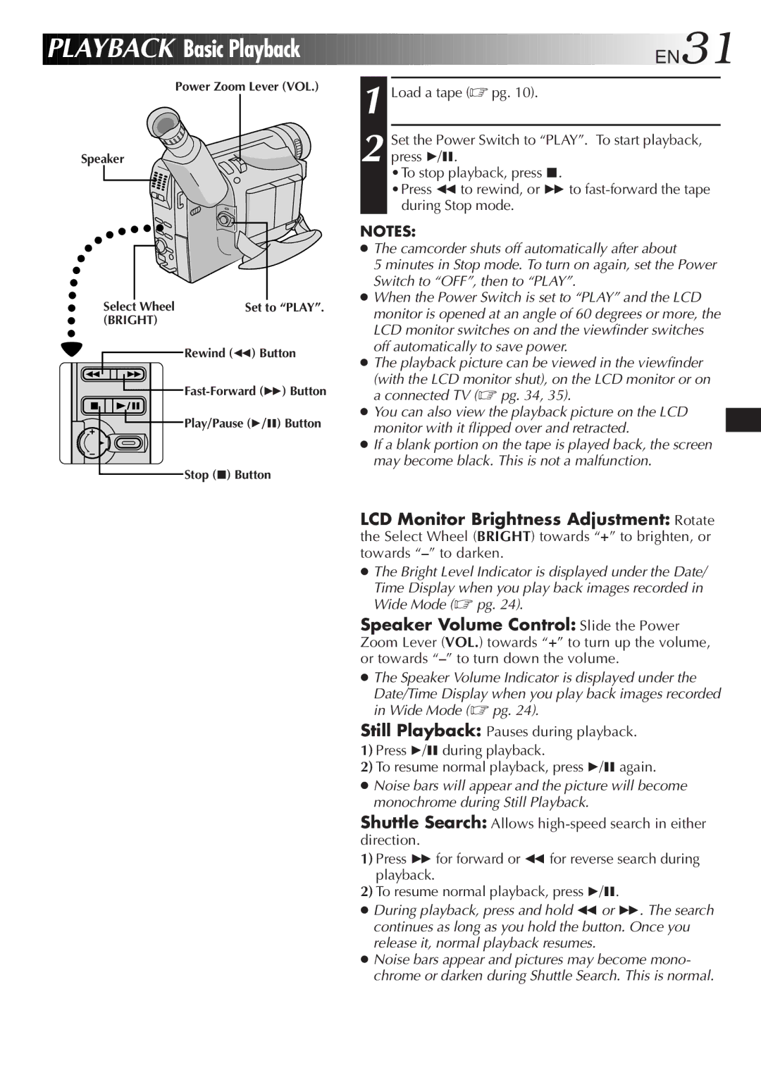 JVC GR-SXM321 specifications Playback Basic Playback, EN31 