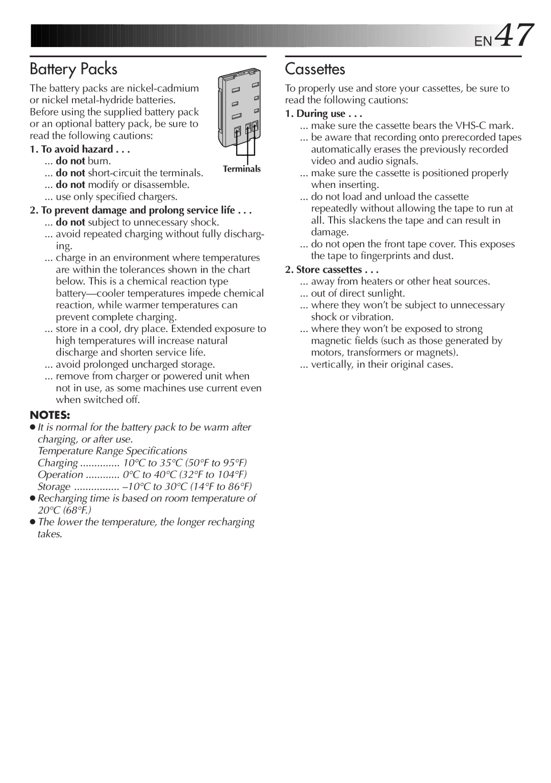 JVC GR-SXM321 specifications To avoid hazard, During use, Store cassettes, Vertically, in their original cases 