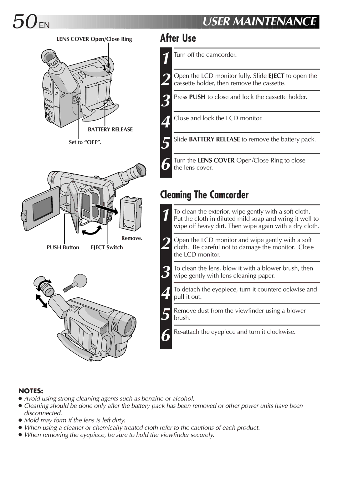 JVC GR-SXM321 specifications 50 EN, Cleaning The Camcorder, After Use 