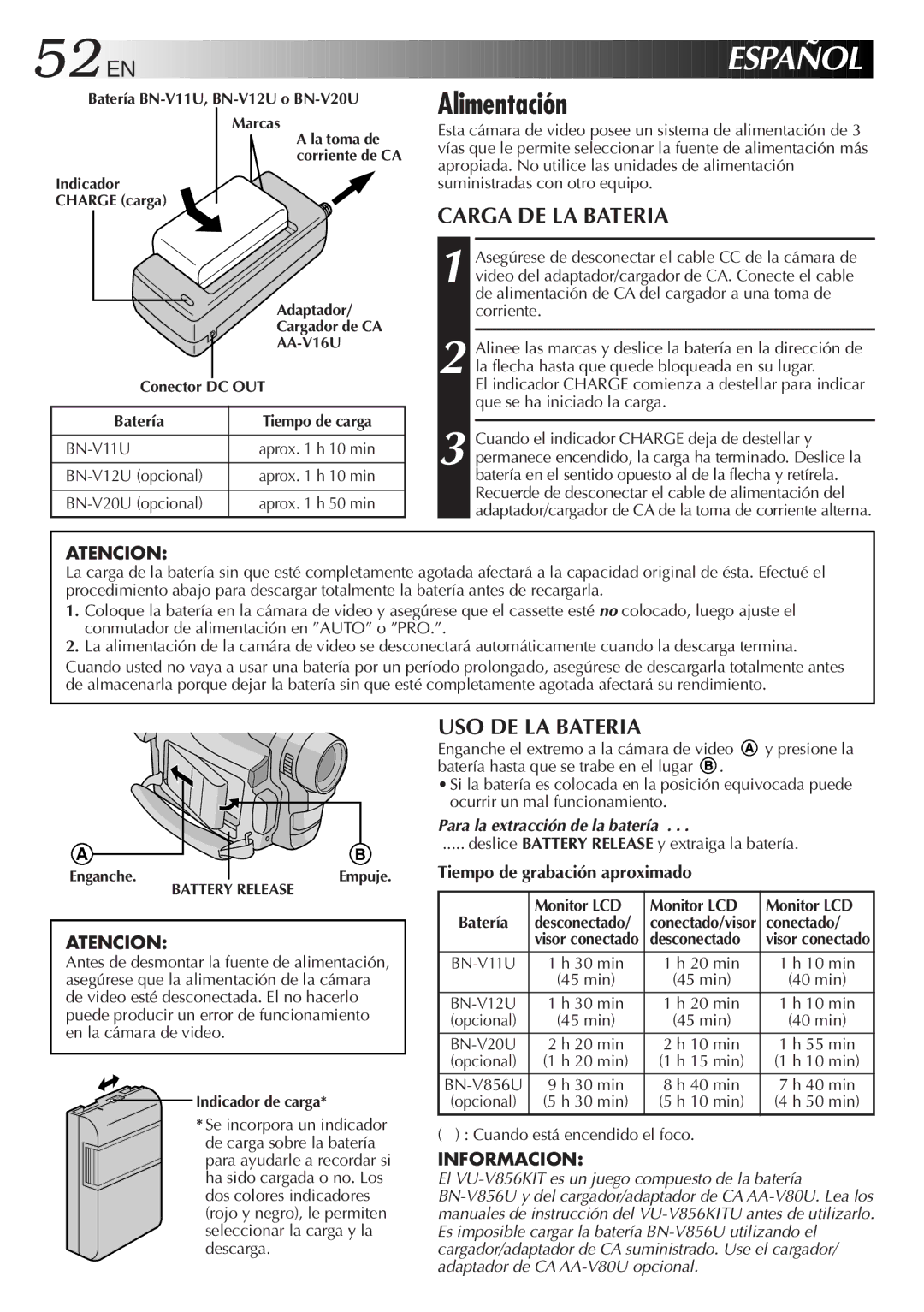 JVC GR-SXM321 specifications 52 EN, Alimentación, Carga DE LA Bateria, USO DE LA Bateria, Tiempo de grabación aproximado 