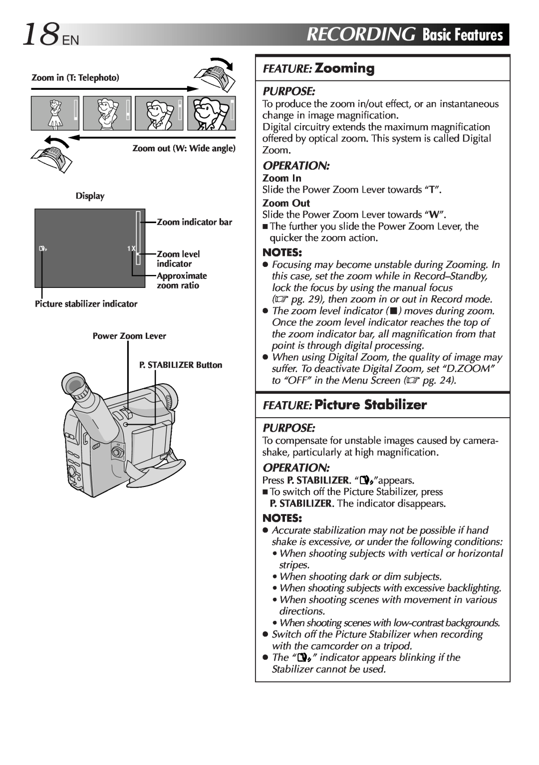 JVC GR-SXM321 specifications 18ENRECORDINGBasicFeatures, FEATURE Picture Stabilizer 