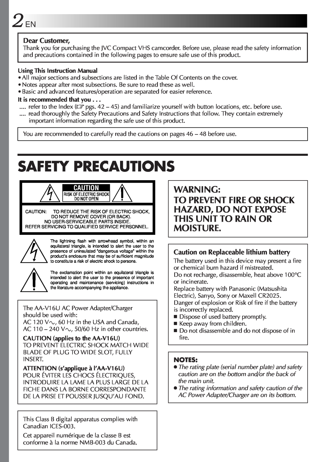JVC GR-SXM321 specifications Safety Precautions, Dear Customer, Caution on Replaceable lithium battery 