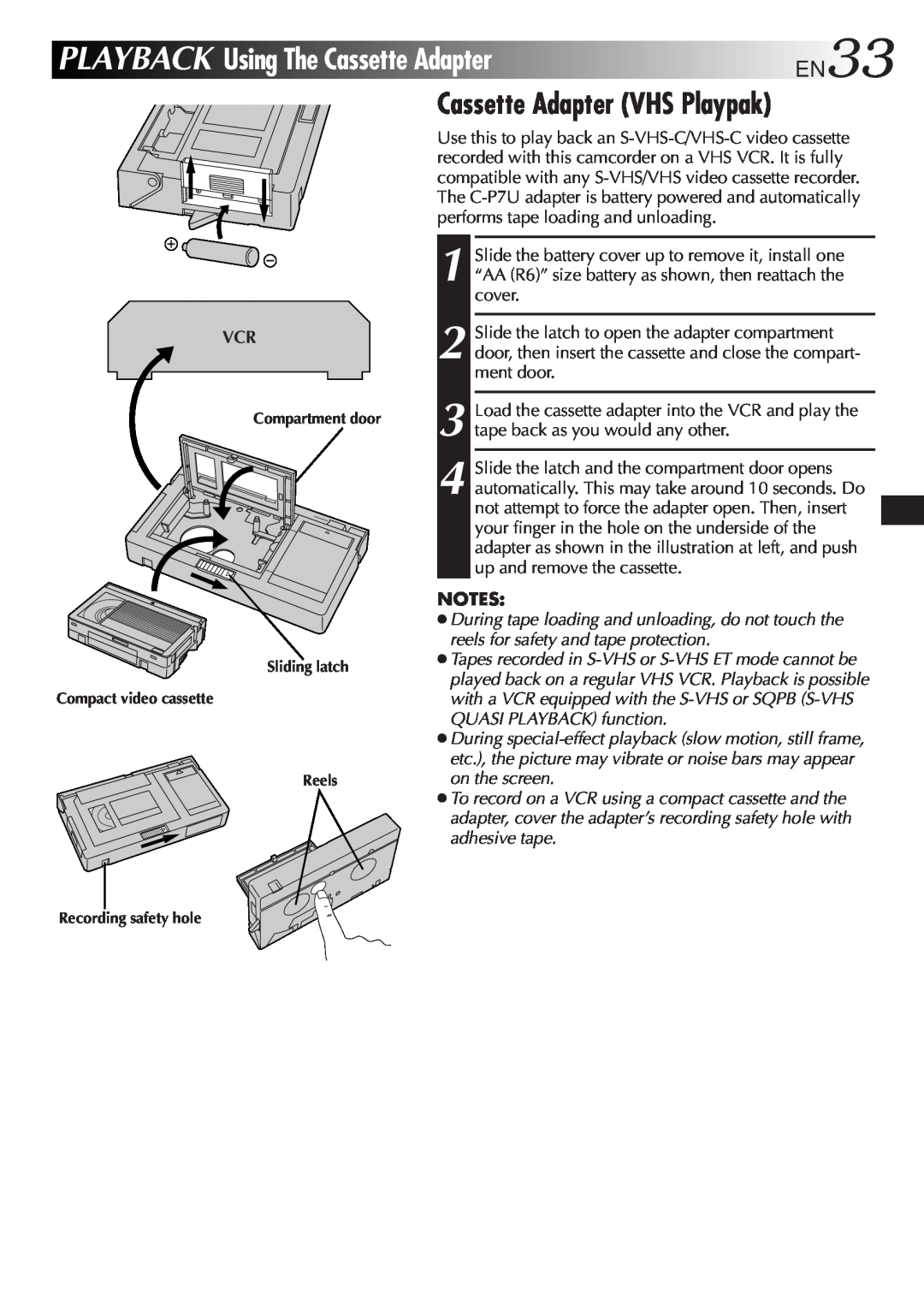 JVC GR-SXM321 specifications Playback, UsingTheCassetteAdapterEN33, Cassette Adapter VHS Playpak 