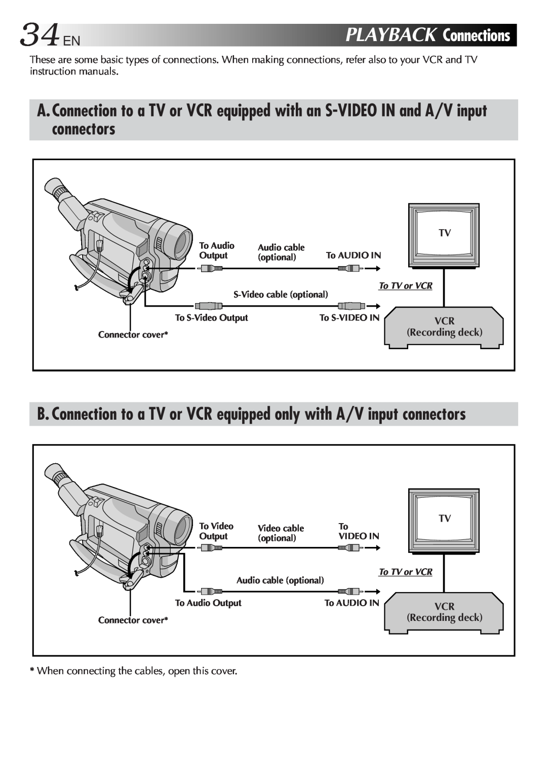 JVC GR-SXM321 34EN, PLAYBACKConnections, To Audio, Audio cable, Output, optional, To AUDIO IN, To TV or VCR, To S-VIDEO IN 