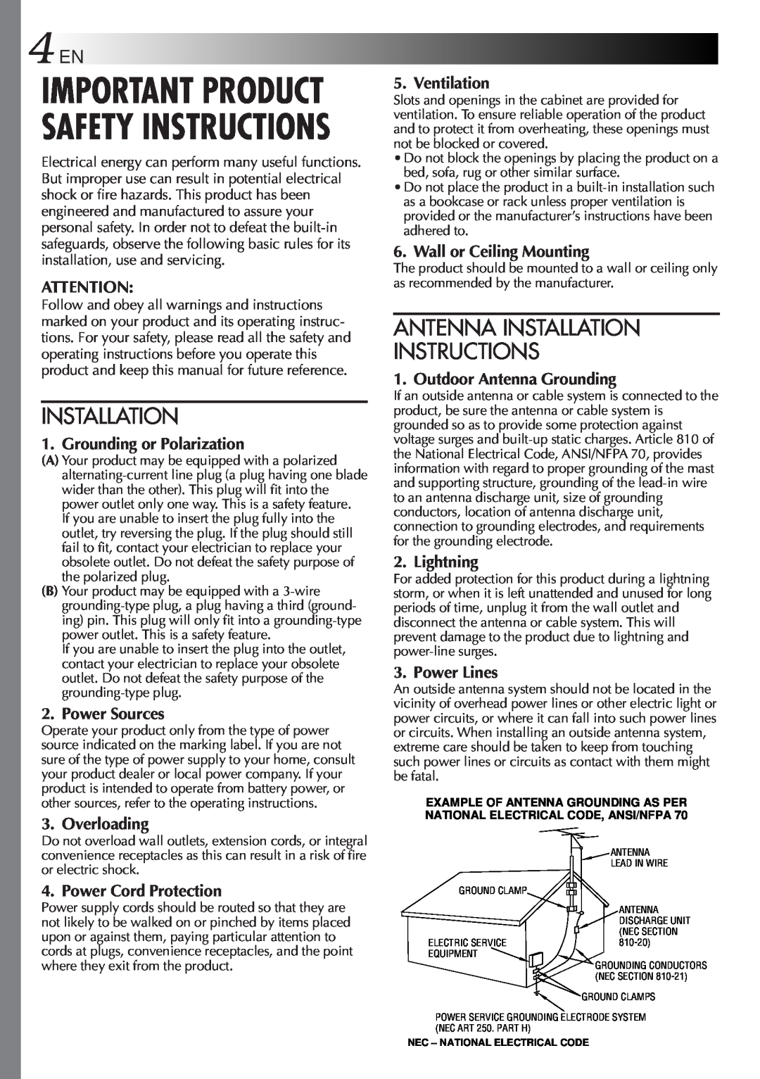 JVC GR-SXM321 Antenna Installation Instructions, Important Product Safety Instructions, Ventilation, Power Sources 