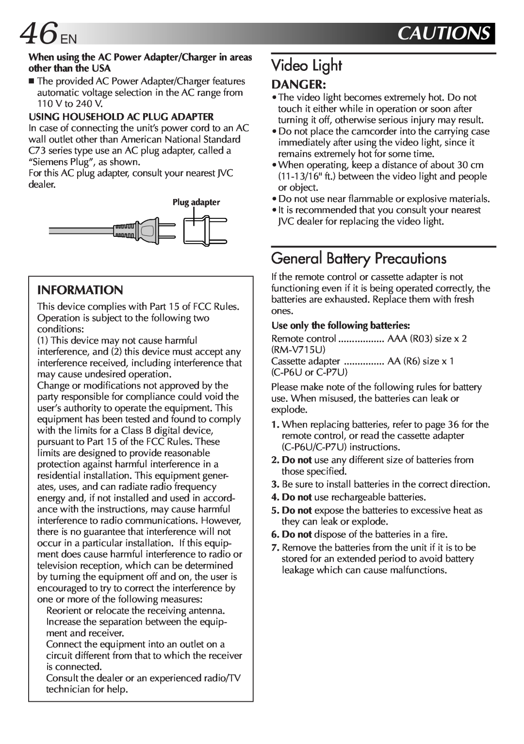 JVC GR-SXM321 specifications 46EN, Cautions, Video Light, General Battery Precautions, Danger, Information 