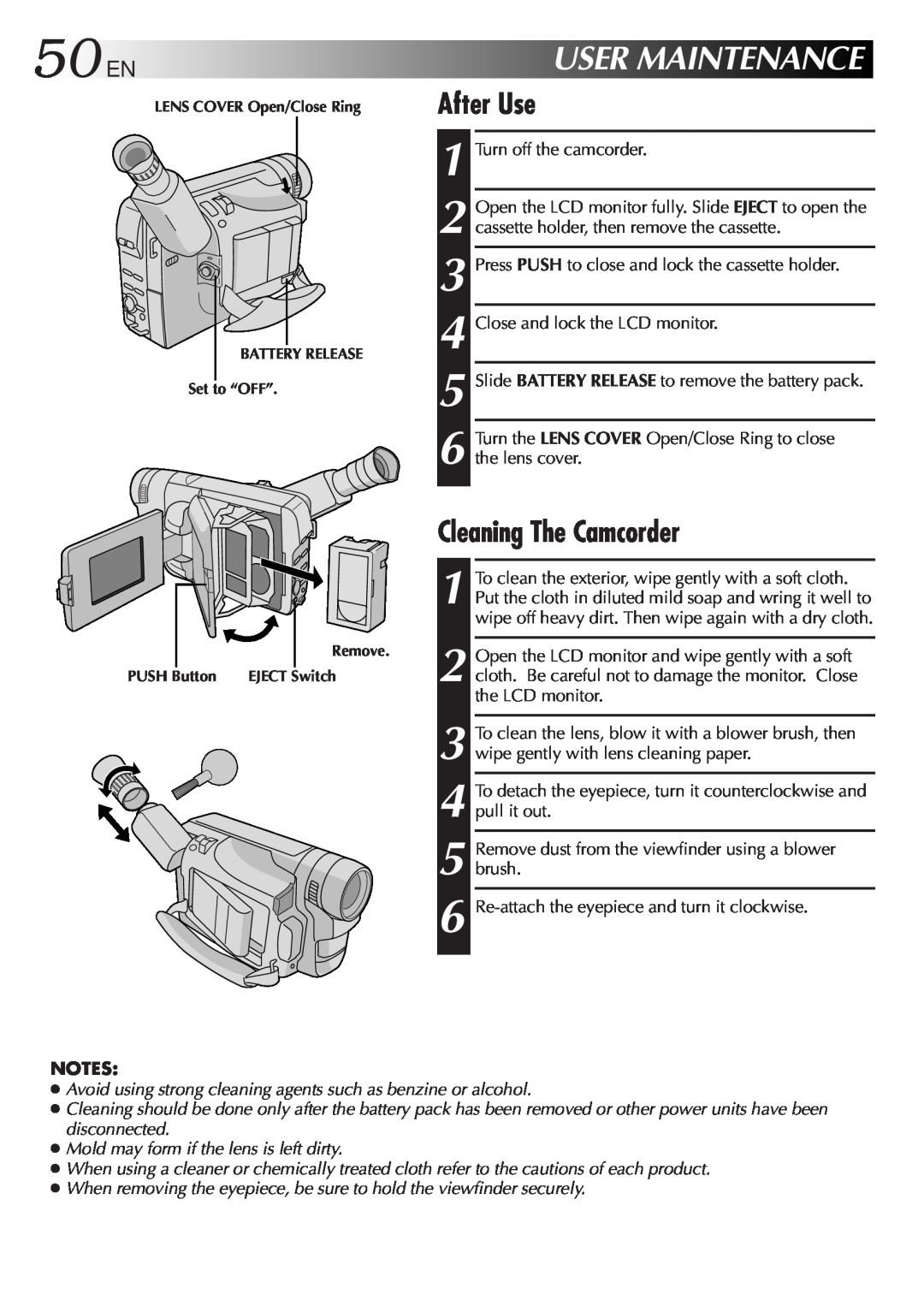 JVC GR-SXM321 specifications 50EN, Usermaintenance, Cleaning The Camcorder, After Use 