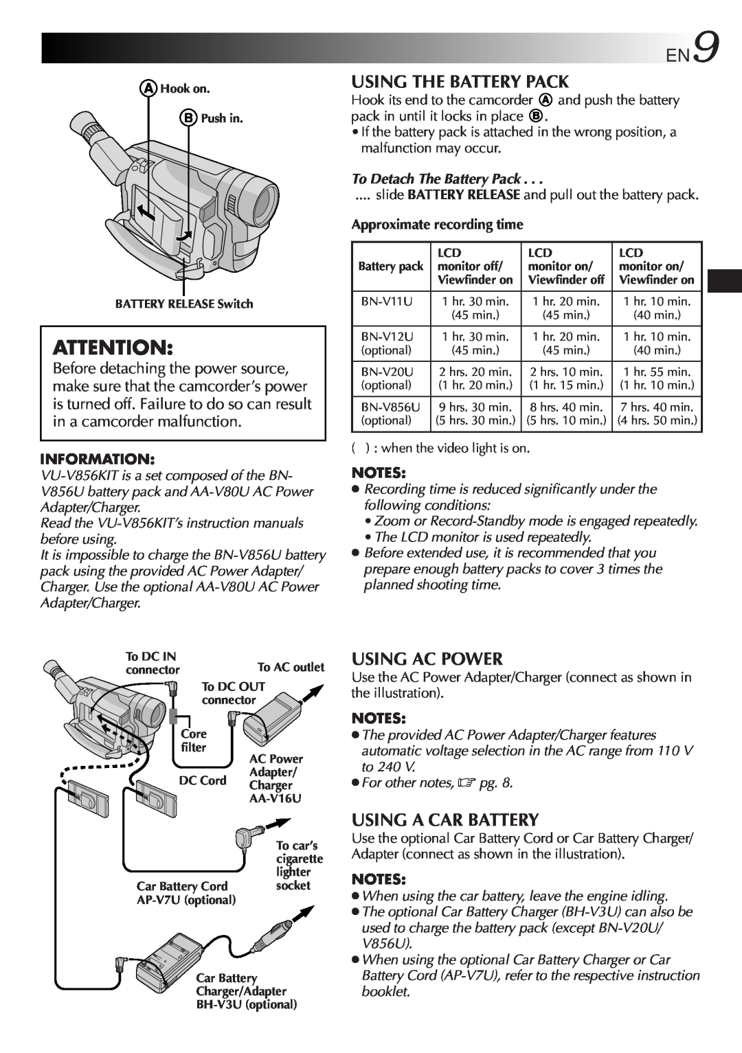 JVC GR-SXM321 specifications Using The Battery Pack, Using Ac Power, Using A Car Battery, To Detach The Battery Pack 