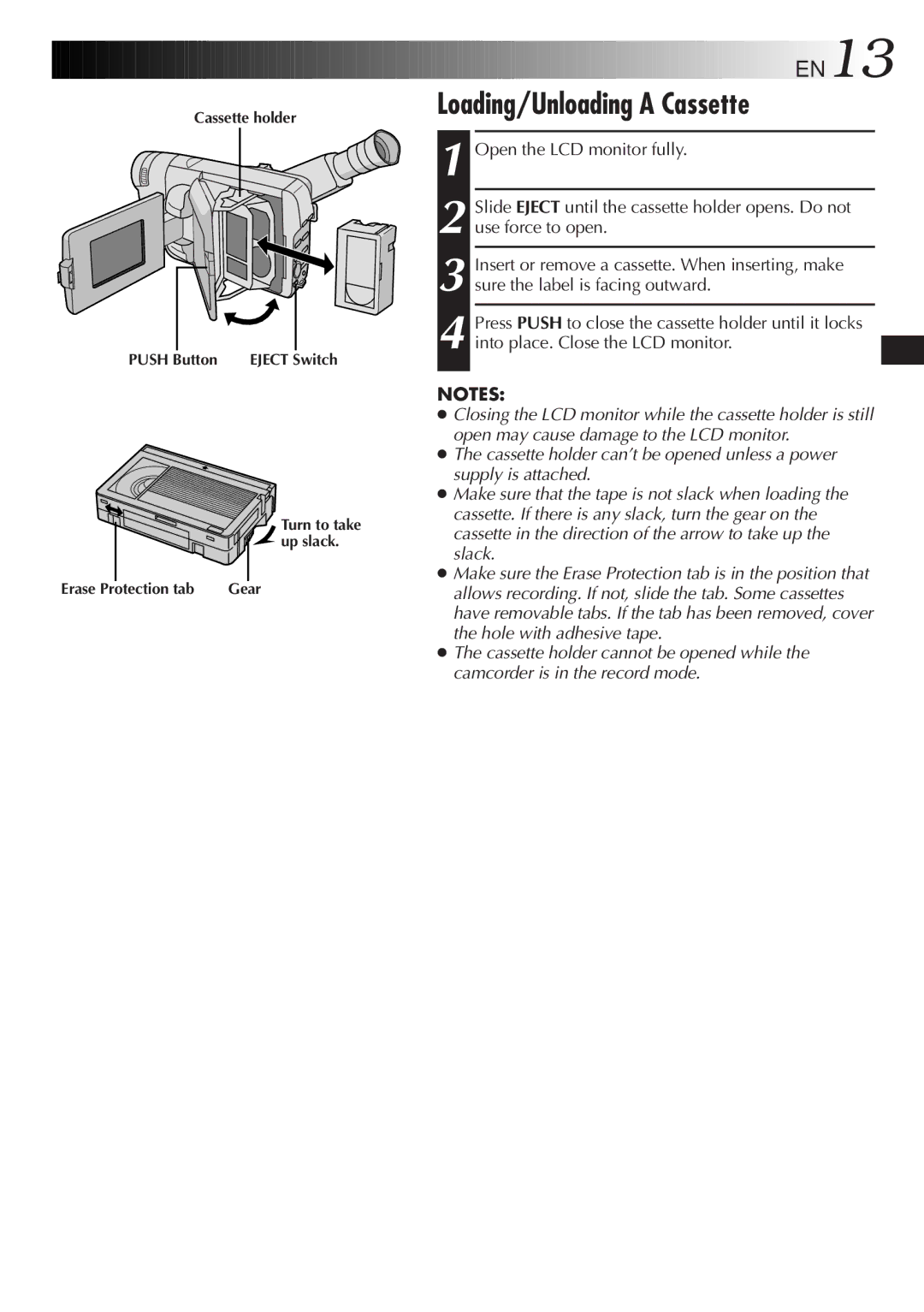 JVC GR-SXM737UM, GR-SXM337UM specifications Loading/Unloading a Cassette, EN13 