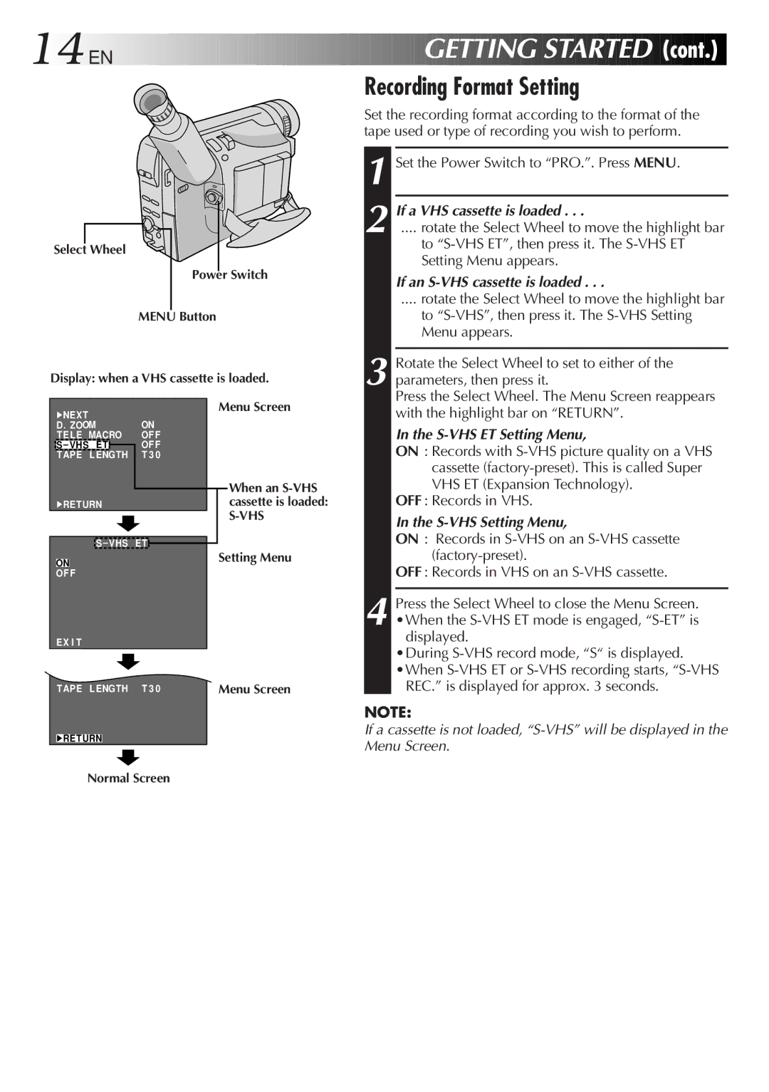 JVC GR-SXM337UM, GR-SXM737UM specifications Recording Format Setting, S-VHS ET Setting Menu, S-VHS Setting Menu 