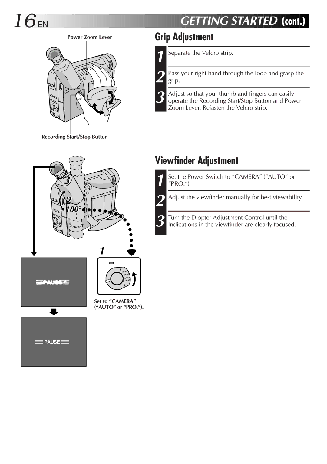 JVC GR-SXM337UM 16 EN, Grip Adjustment, Cont, Viewfinder Adjustment, Adjust the viewfinder manually for best viewability 