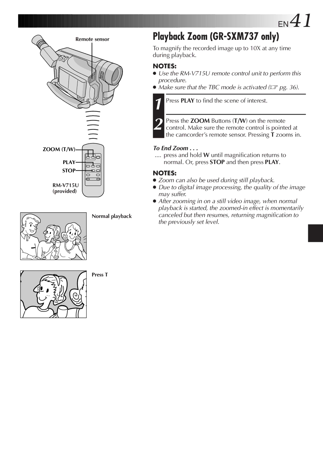 JVC GR-SXM737UM, GR-SXM337UM Playback Zoom GR-SXM737 only, EN41, Press Play to find the scene of interest, To End Zoom 