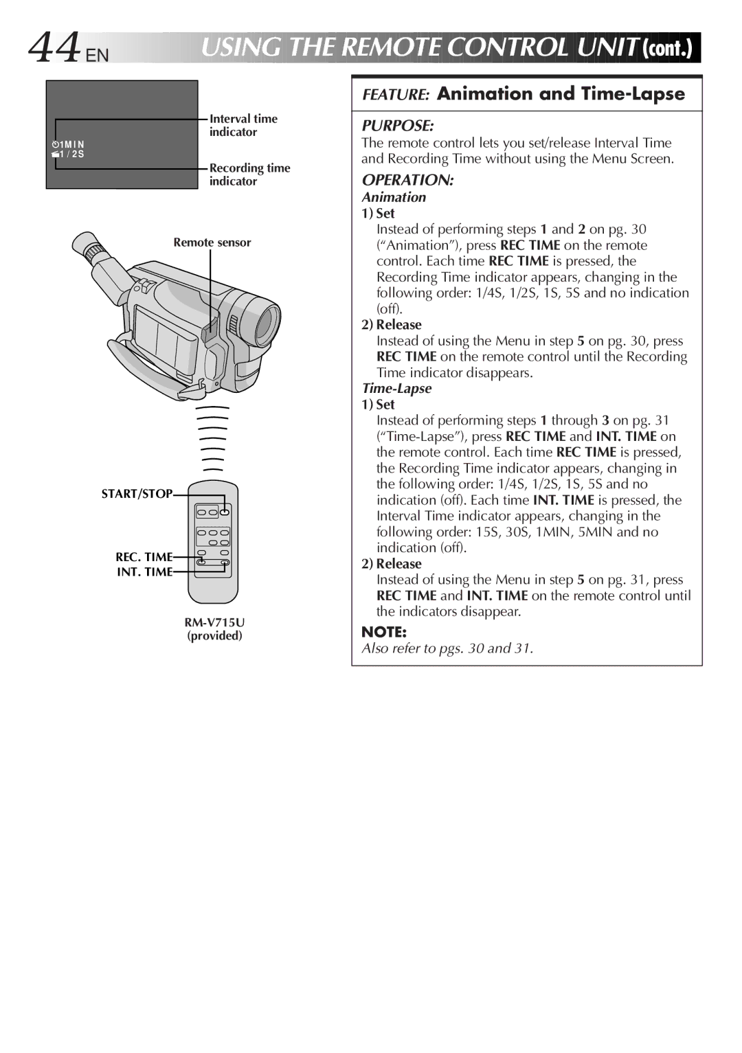 JVC GR-SXM337UM, GR-SXM737UM specifications 44 EN, Feature Animation and Time-Lapse 