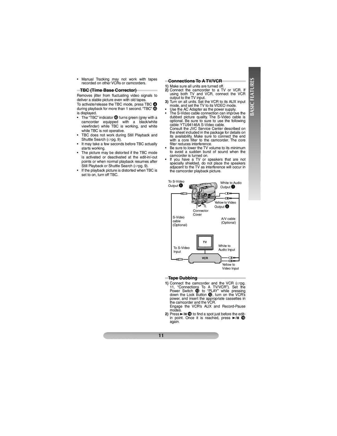 JVC GR-SXM37 manual TBC Time Base Corrector, Connections To a TV/VCR, Tape Dubbing 