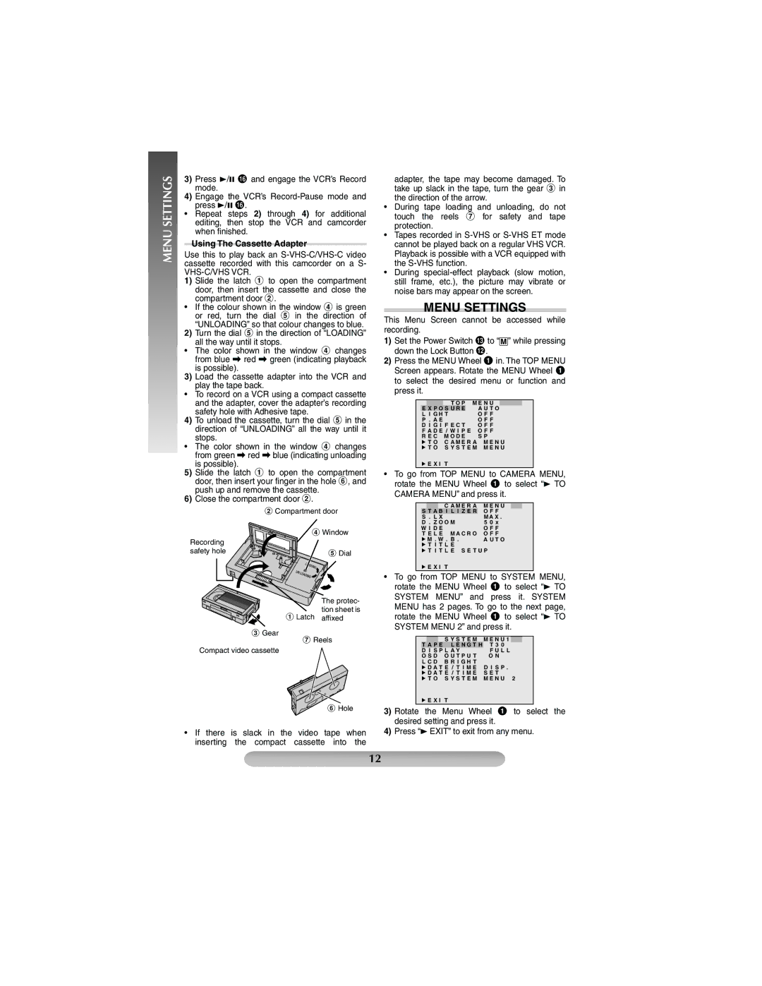 JVC GR-SXM37 manual Menu Settings, Using The Cassette Adapter 