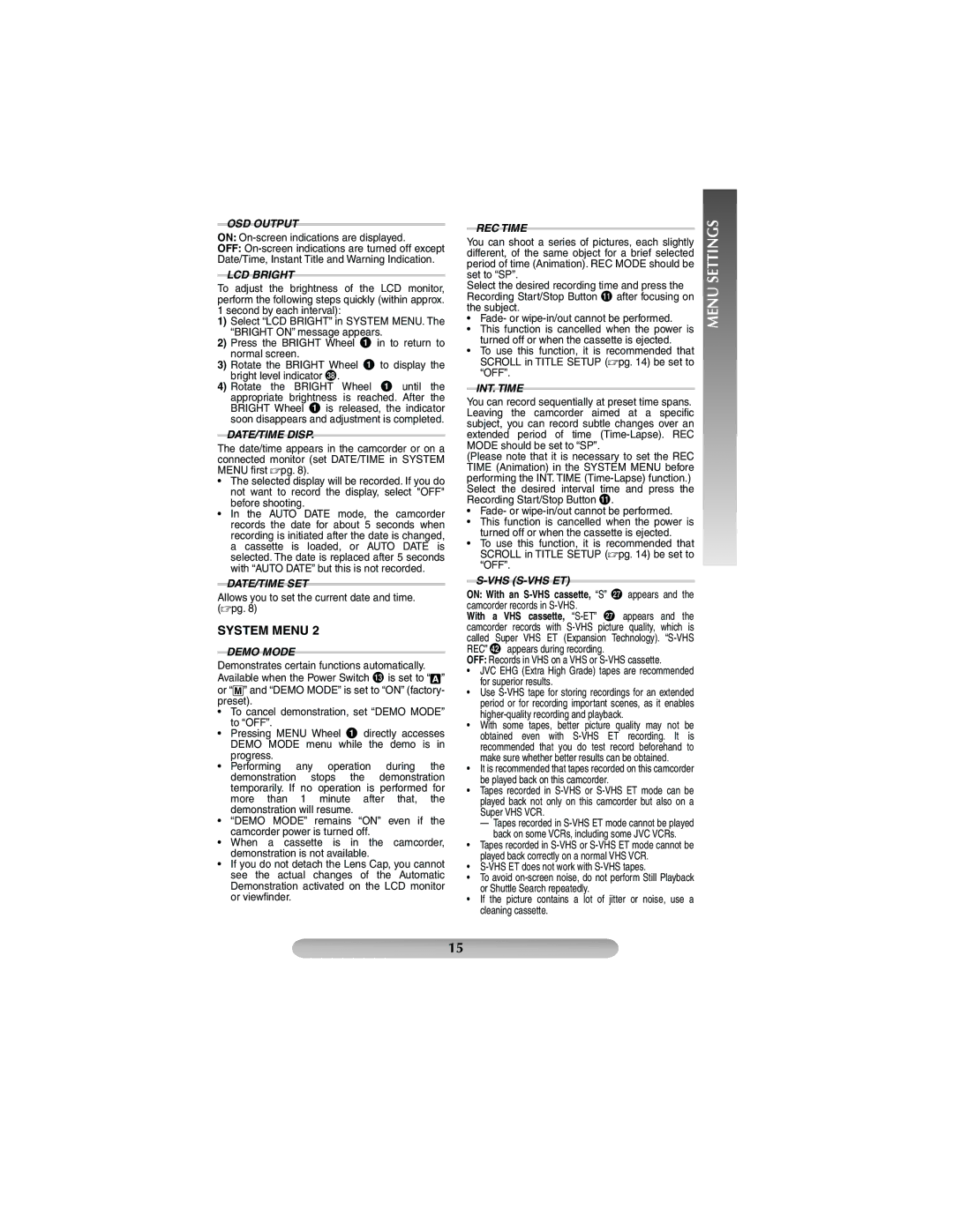 JVC GR-SXM37 manual OSD Output, LCD Bright, DATE/TIME Disp, Date/Time Set, Demo Mode, REC Time, INT. Time, Vhs S-Vhs Et 