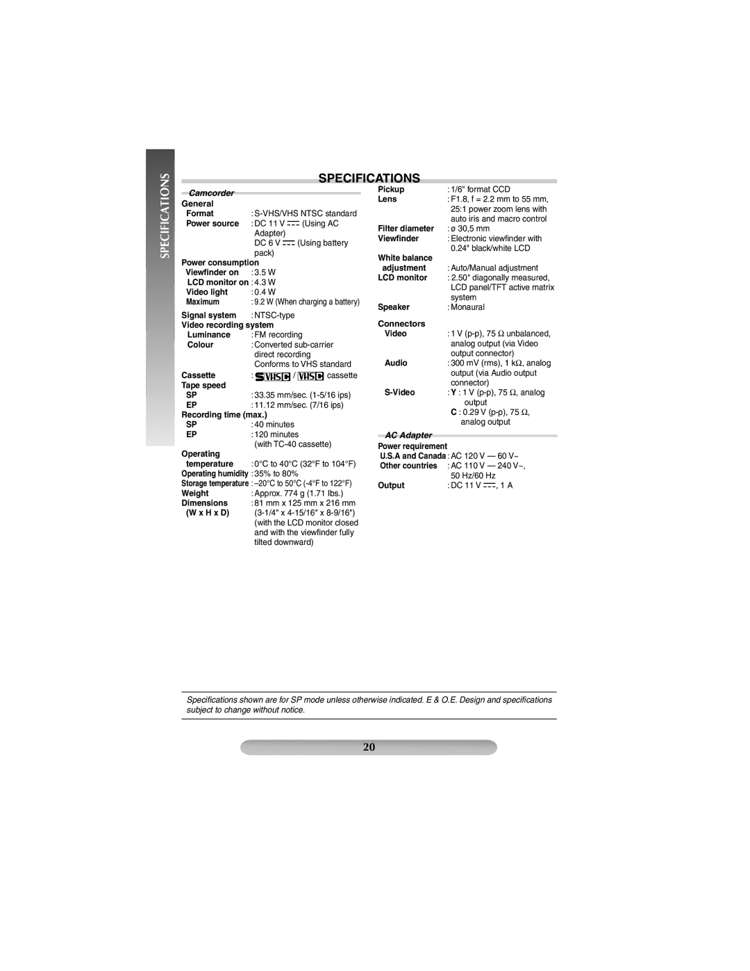 JVC GR-SXM37 manual Specifications 