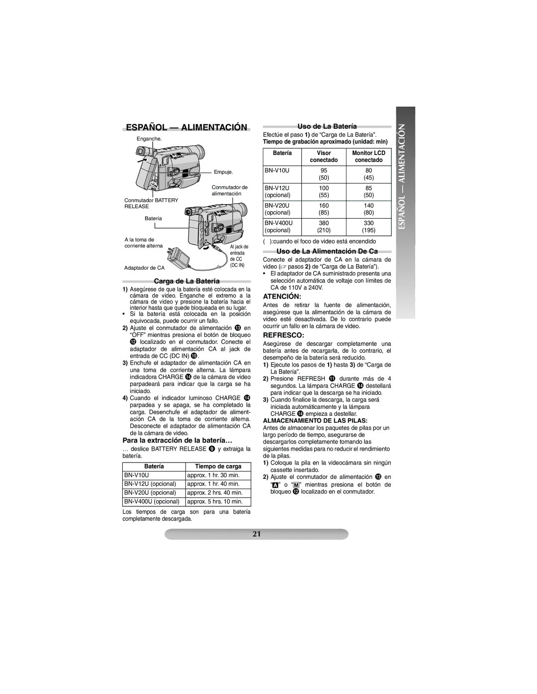 JVC GR-SXM37 manual Español Alimentación, Atención, Refresco 