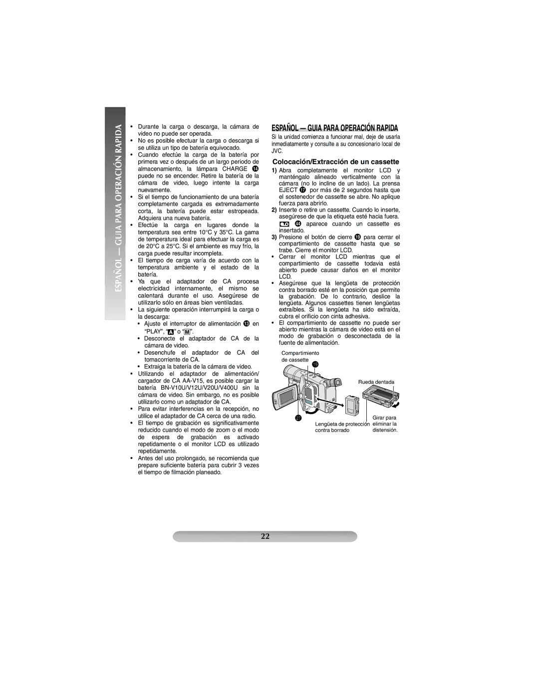 JVC GR-SXM37 manual Español Guia Para Operación Rapida, Colocación/Extracción de un cassette 