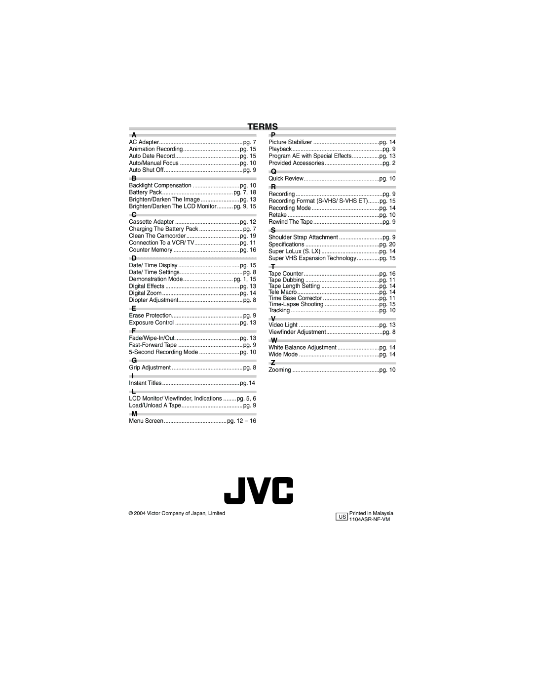 JVC GR-SXM37 manual Terms 