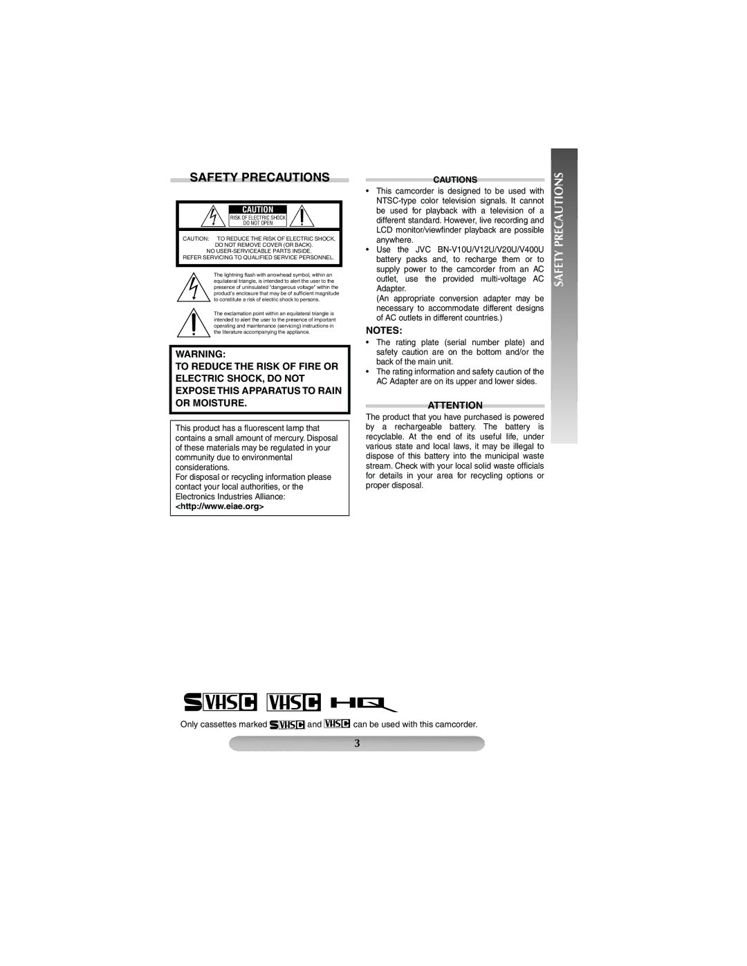 JVC GR-SXM37 manual Safety Precautions 