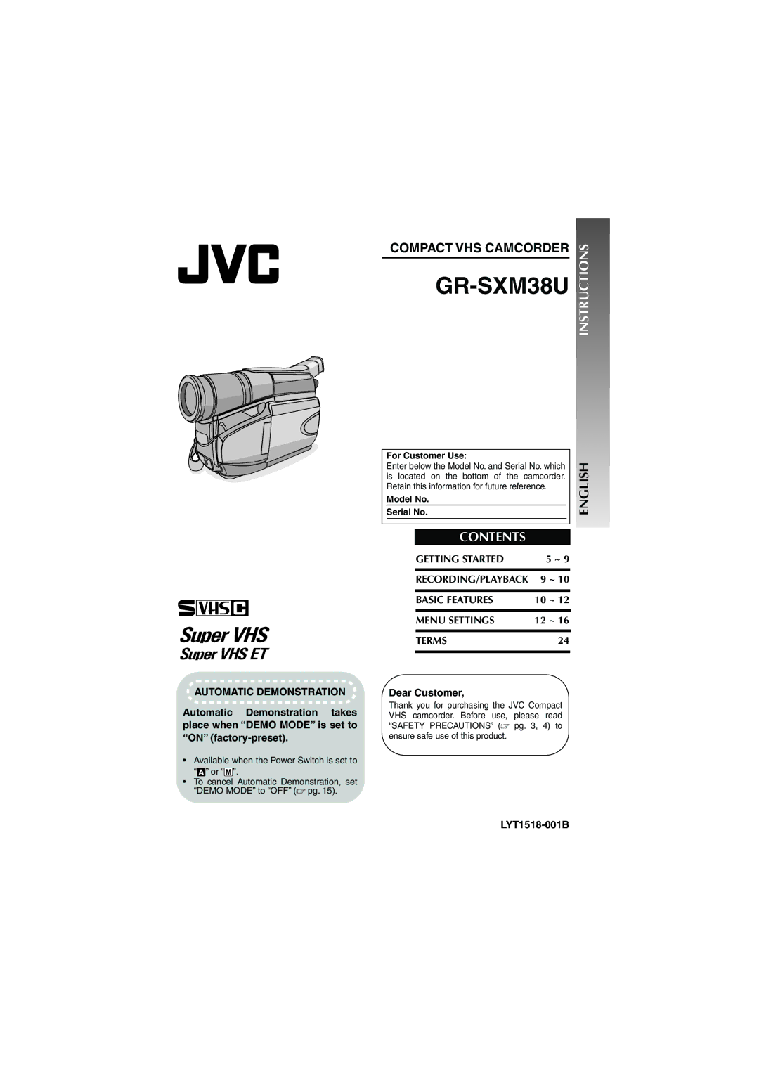 JVC GR-SXM38U manual Instructions, Contents 