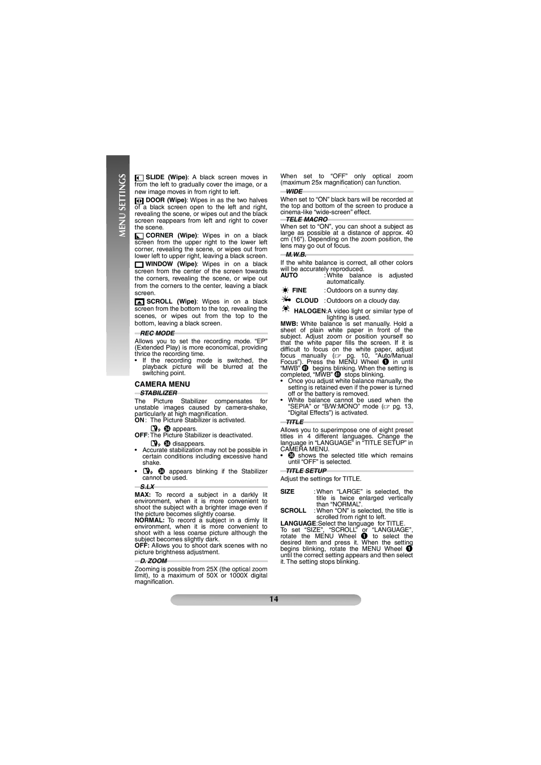 JVC GR-SXM38U manual Camera Menu 