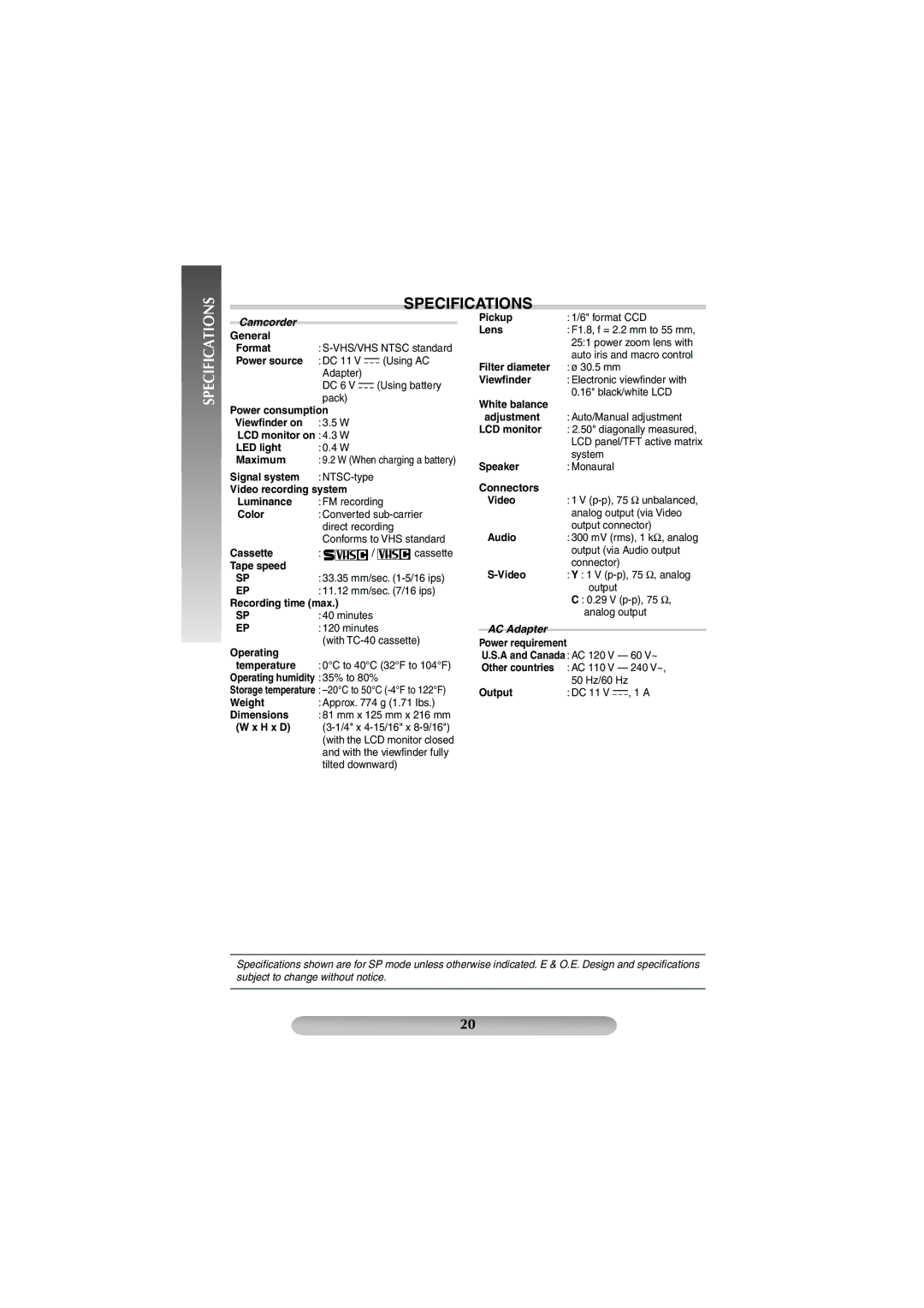 JVC GR-SXM38U manual Specifications 